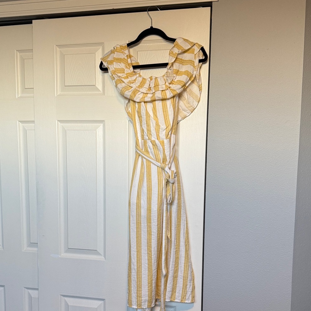 Striped Yellow and White Off-Shoulder Midi Dress with Tie Waist
